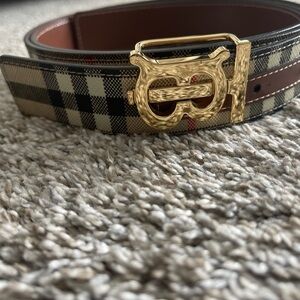 Women  Checkered Leather Belt with Gold Buckle